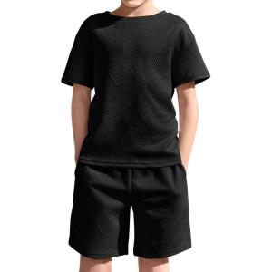 Haloumoning Boys 2 Piece Summer Outfits Short Sleeve Tshirts and Elastic Waist Shorts Casual Texture Sets(Black)