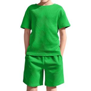 Haloumoning Boys 2 Piece Summer Outfits Short Sleeve Tshirts and Elastic Waist Shorts Casual Texture Sets(Green)