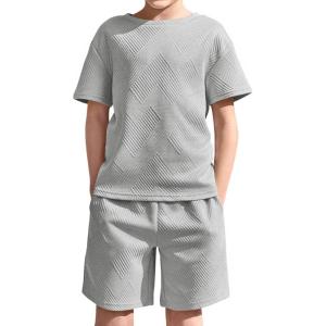 Haloumoning Boys 2 Piece Summer Outfits Short Sleeve Tshirts and Elastic Waist Shorts Casual Texture Sets(Grey)