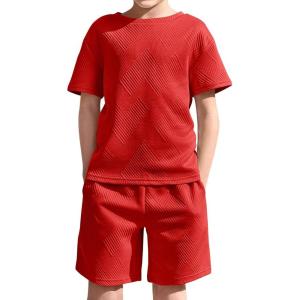 Haloumoning Boys 2 Piece Summer Outfits Short Sleeve Tshirts and Elastic Waist Shorts Casual Texture Sets(Red)