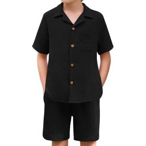 Haloumoning Boys 2 Pieces Summer Outfits Beach Short Sleeve Button Down Shirts and Shorts Vacation Texture Sets for Kids(Black)