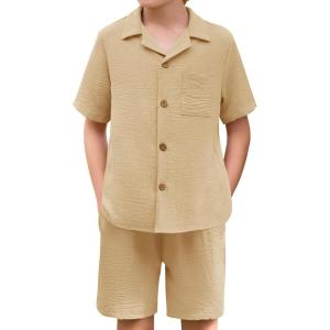 Haloumoning Boys 2 Pieces Summer Outfits Beach Short Sleeve Button Down Shirts and Shorts Vacation Texture Sets for Kids(Khaki)