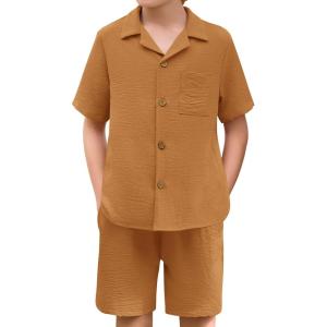 Haloumoning Boys 2 Pieces Summer Outfits Beach Short Sleeve Button Down Shirts and Shorts Vacation Texture Sets for Kids(Light Brown)