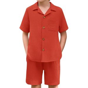 Haloumoning Boys 2 Pieces Summer Outfits Beach Short Sleeve Button Down Shirts and Shorts Vacation Texture Sets for Kids(Orange Red)