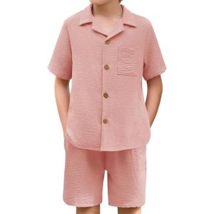 Haloumoning Boys 2 Pieces Summer Outfits Beach Short Sleeve Button Down Shirts and Shorts Vacation Texture Sets for Kids(Pink)