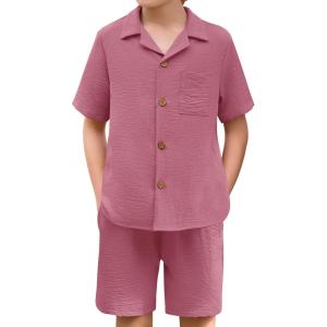 Haloumoning Boys 2 Pieces Summer Outfits Beach Short Sleeve Button Down Shirts and Shorts Vacation Texture Sets for Kids(Purple Red)