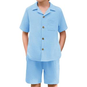 Haloumoning Boys 2 Pieces Summer Outfits Beach Short Sleeve Button Down Shirts and Shorts Vacation Texture Sets for Kids(Wathet)