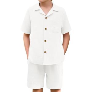 Haloumoning Boys 2 Pieces Summer Outfits Beach Short Sleeve Button Down Shirts and Shorts Vacation Texture Sets for Kids(White)