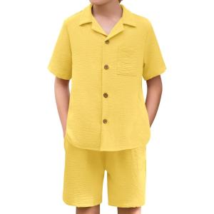 Haloumoning Boys 2 Pieces Summer Outfits Beach Short Sleeve Button Down Shirts and Shorts Vacation Texture Sets for Kids(Yellow)