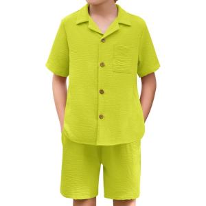 Haloumoning Boys 2 Pieces Summer Outfits Beach Short Sleeve Button Down Shirts and Shorts Vacation Texture Sets for Kids(Yellow Green)