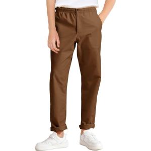 Haloumoning Boys School Uniform Chino Pants Kids Elastic Waist Pull on Twill Pants with Pockets 5-14 Years(Brown)