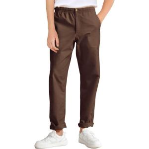Haloumoning Boys School Uniform Chino Pants Kids Elastic Waist Pull on Twill Pants with Pockets 5-14 Years(Coffee)