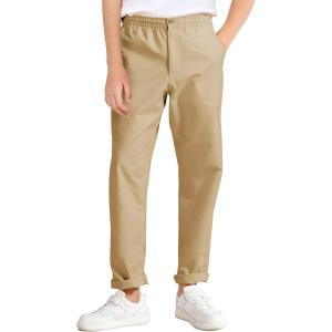 Haloumoning Boys School Uniform Chino Pants Kids Elastic Waist Pull on Twill Pants with Pockets 5-14 Years(Khaki)