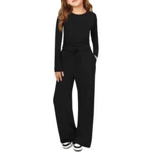 Haloumoning Girls 2 Piece Outfits Kids Ruched Long Sleeve Tops and Wide Leg Pants with Pockets Sweatsuit Clothing Sets(Black)