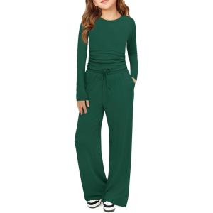 Haloumoning Girls 2 Piece Outfits Kids Ruched Long Sleeve Tops and Wide Leg Pants with Pockets Sweatsuit Clothing Sets(Green)