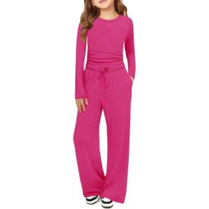 Haloumoning Girls 2 Piece Outfits Kids Ruched Long Sleeve Tops and Wide Leg Pants with Pockets Sweatsuit Clothing Sets(Hot Pink)