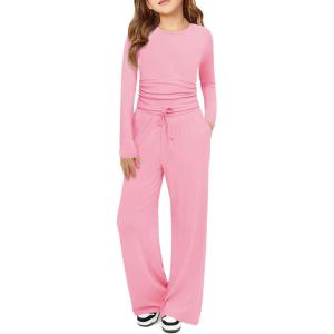 Haloumoning Girls 2 Piece Outfits Kids Ruched Long Sleeve Tops and Wide Leg Pants with Pockets Sweatsuit Clothing Sets(Light Pink)