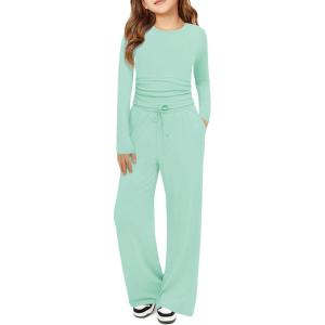 Haloumoning Girls 2 Piece Outfits Kids Ruched Long Sleeve Tops and Wide Leg Pants with Pockets Sweatsuit Clothing Sets(Mint)