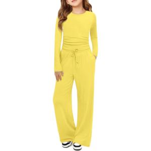 Haloumoning Girls 2 Piece Outfits Kids Ruched Long Sleeve Tops and Wide Leg Pants with Pockets Sweatsuit Clothing Sets(Yellow)