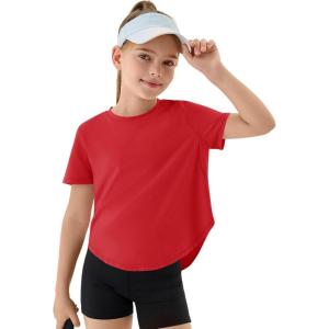 Haloumoning Girls Athletic Shirts Kids Short Sleeve Quick Dry Active Sports Tops Tees 5-14 Years(Red)