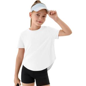 Haloumoning Girls Athletic Shirts Kids Short Sleeve Quick Dry Active Sports Tops Tees 5-14 Years(White)