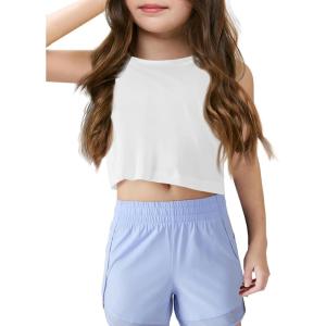 Haloumoning Girls Athletic Tank Tops Kids Sleeveless Crop Tops Mesh Back Workout Cute Sports Shirts 5-14 Years(White)