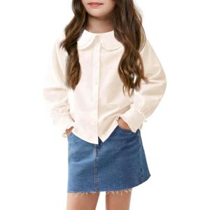 Haloumoning Girls Baby Doll Collar Shirt Classic Long Sleeve Button Down Uniform Shirts Soft Blouse Tops(Beige)