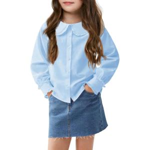 Haloumoning Girls Baby Doll Collar Shirt Classic Long Sleeve Button Down Uniform Shirts Soft Blouse Tops(Blue)