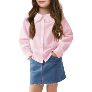 Haloumoning Girls Baby Doll Collar Shirt Classic Long Sleeve Button Down Uniform Shirts Soft Blouse Tops(Pink)