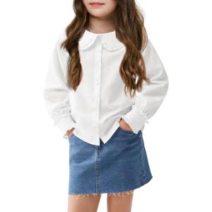 Haloumoning Girls Baby Doll Collar Shirt Classic Long Sleeve Button Down Uniform Shirts Soft Blouse Tops(White)