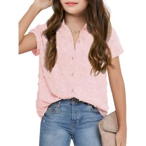 Haloumoning Girls Button Down Shirts Short Sleeve Kids Casual Chiffon Blouse Summer Tops T-Shirt(Pink)