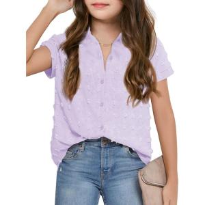 Haloumoning Girls Button Down Shirts Short Sleeve Kids Casual Chiffon Blouse Summer Tops T-Shirt(Purple)