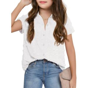 Haloumoning Girls Button Down Shirts Short Sleeve Kids Casual Chiffon Blouse Summer Tops T-Shirt(White)