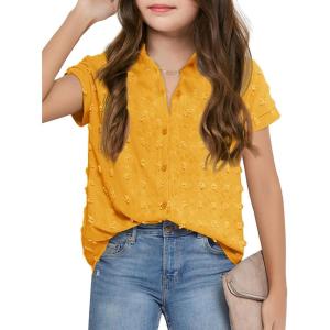 Haloumoning Girls Button Down Shirts Short Sleeve Kids Casual Chiffon Blouse Summer Tops T-Shirt(Yellow)