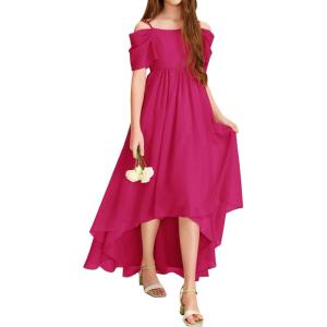 Haloumoning Girls Cold Shoulder Dress A-line Asymmetrical Chiffon Junior Bridesmaid Birthday Party Dress(Hot Pink)