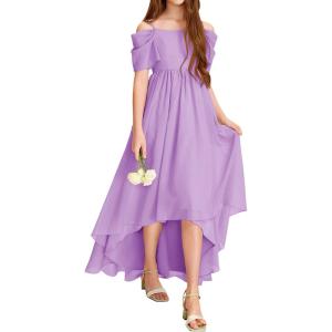 Haloumoning Girls Cold Shoulder Dress A-line Asymmetrical Chiffon Junior Bridesmaid Birthday Party Dress(Purple)