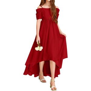 Haloumoning Girls Cold Shoulder Dress A-line Asymmetrical Chiffon Junior Bridesmaid Birthday Party Dress(Red)