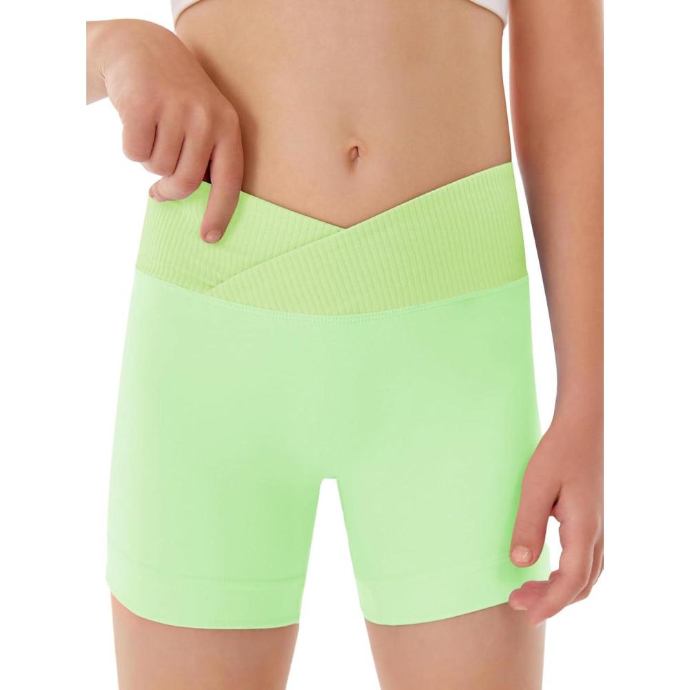 image:imageGirls Athletic Shorts Slim Tummy Control V Cross Waist Short Leggings Bike Dance Gymnastics ShortsGreen