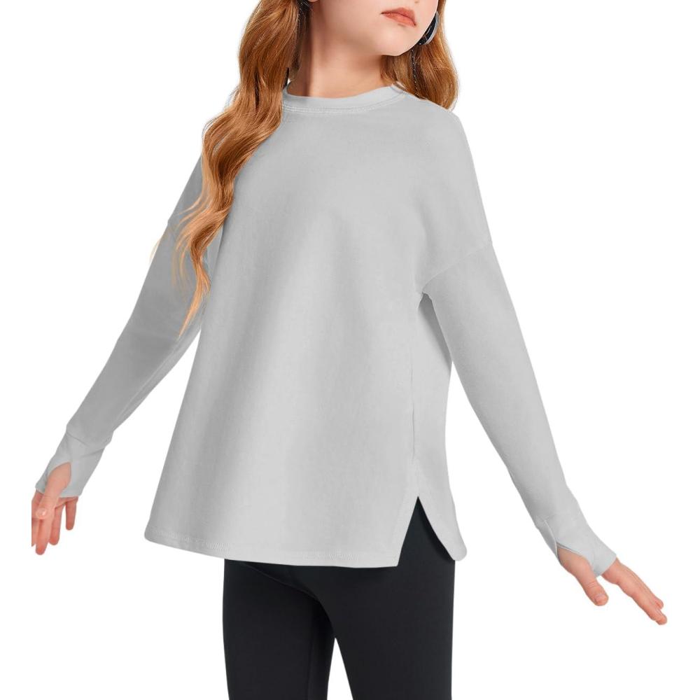 image:imageHaloumoning Girls Athletic Shirts Long Sleeve Active Quick Dry Tops Kids Gym Yoga Tees with Thumb Holes 514 YearsGrey