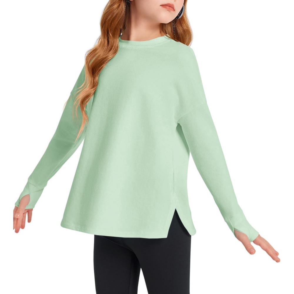 image:imageHaloumoning Girls Athletic Shirts Long Sleeve Active Quick Dry Tops Kids Gym Yoga Tees with Thumb Holes 514 YearsLight Green