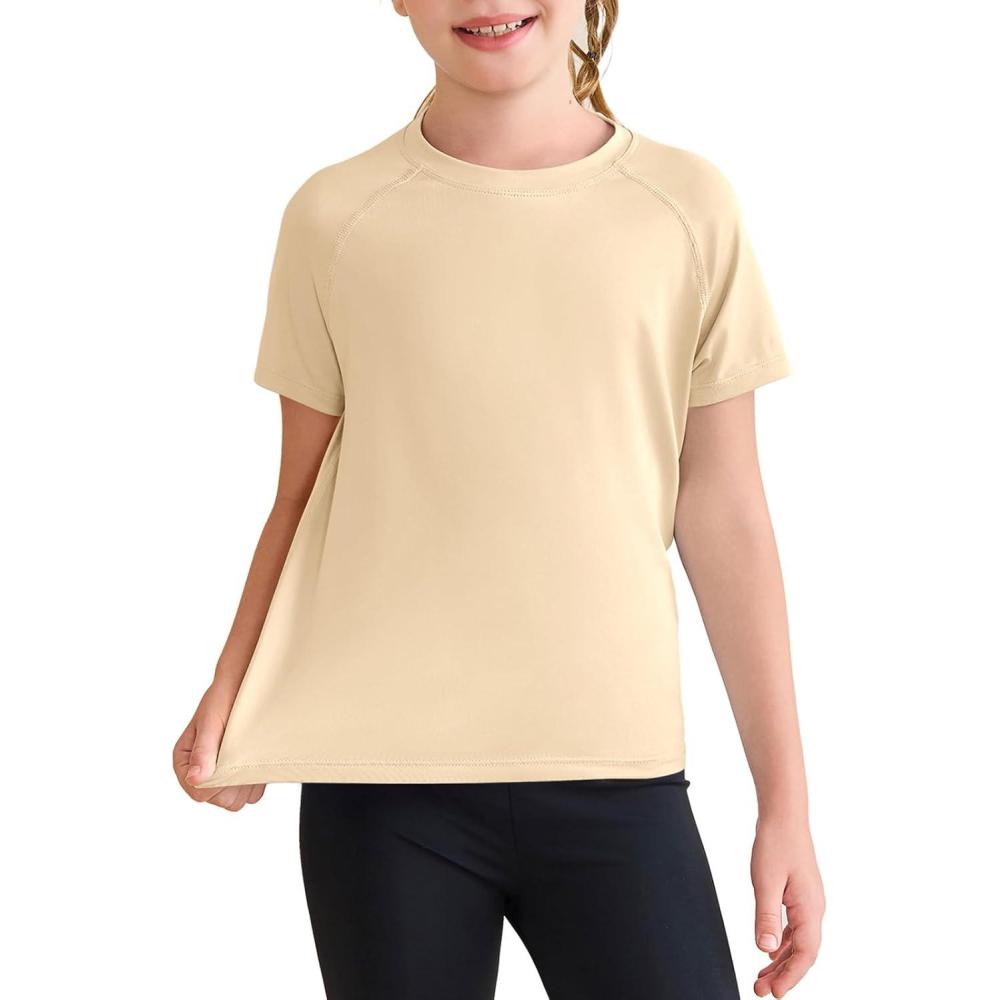 image:imageHaloumoning Girls Athletic Shirts Short Sleeve Quick Dry TShirt Kids Summer Tee Tops 514YBeige