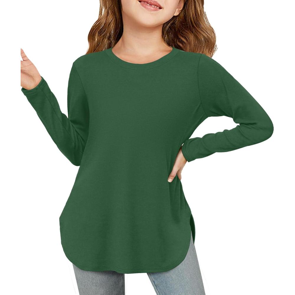 image:imageHaloumoning Girls Long Sleeve Shirts Kids Curve Hem Side Slit Soft Tunic Tops TShirts 514 YearsArmy Green