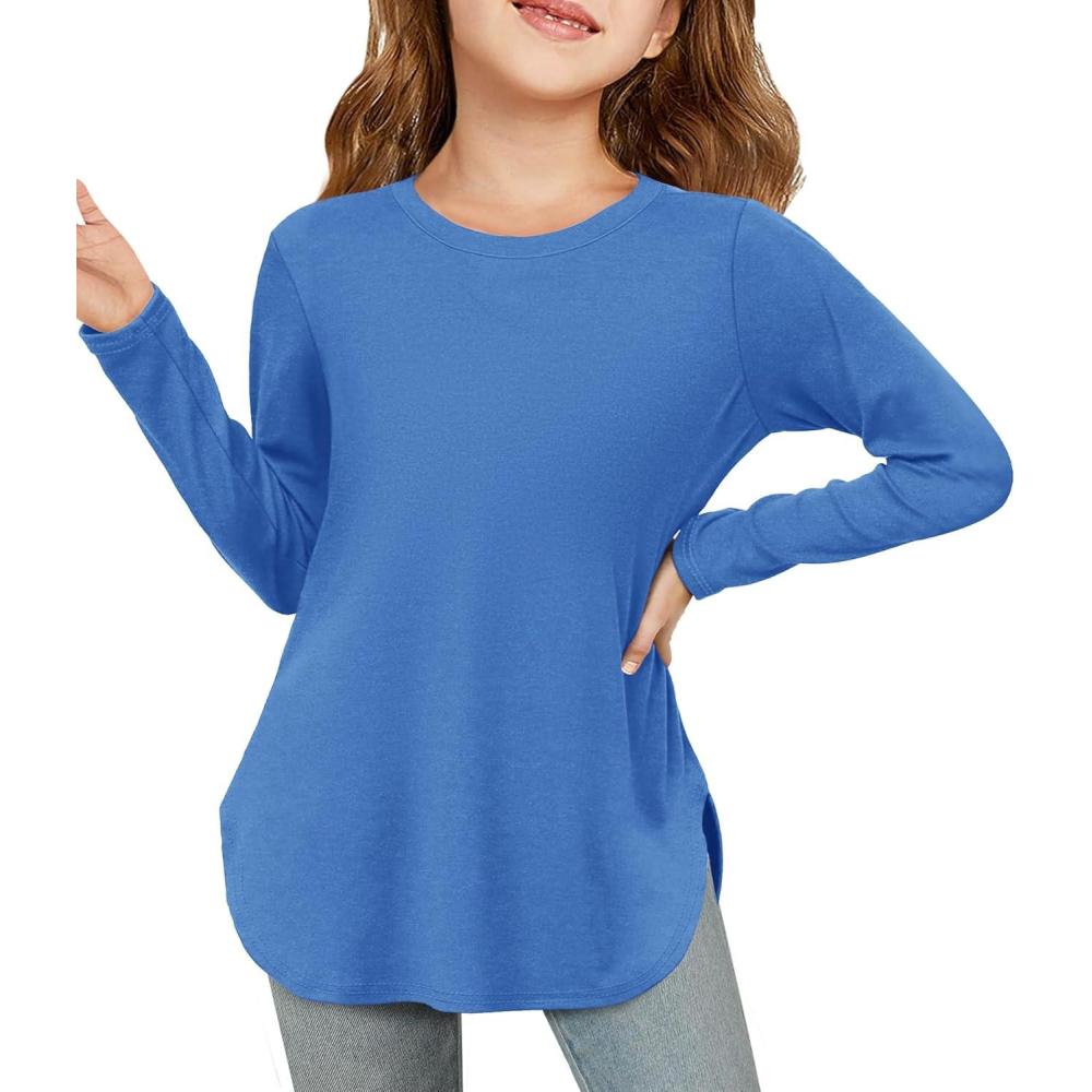 image:imageHaloumoning Girls Long Sleeve Shirts Kids Curve Hem Side Slit Soft Tunic Tops TShirts 514 YearsJewelry Blue