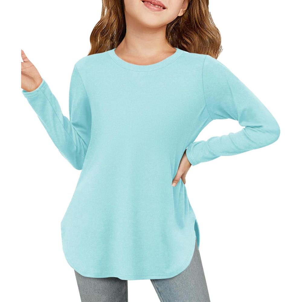 image:imageHaloumoning Girls Long Sleeve Shirts Kids Curve Hem Side Slit Soft Tunic Tops TShirts 514 YearsMint Green