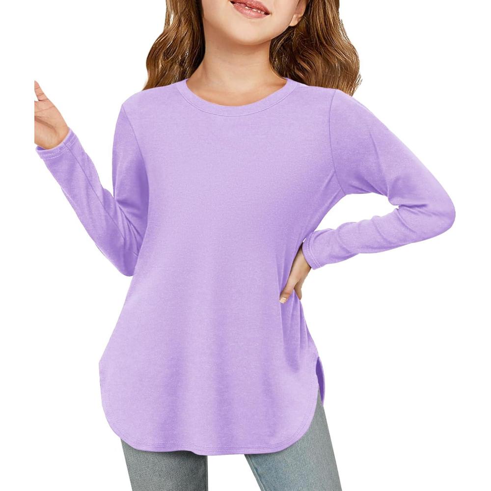 image:imageHaloumoning Girls Long Sleeve Shirts Kids Curve Hem Side Slit Soft Tunic Tops TShirts 514 YearsPurple