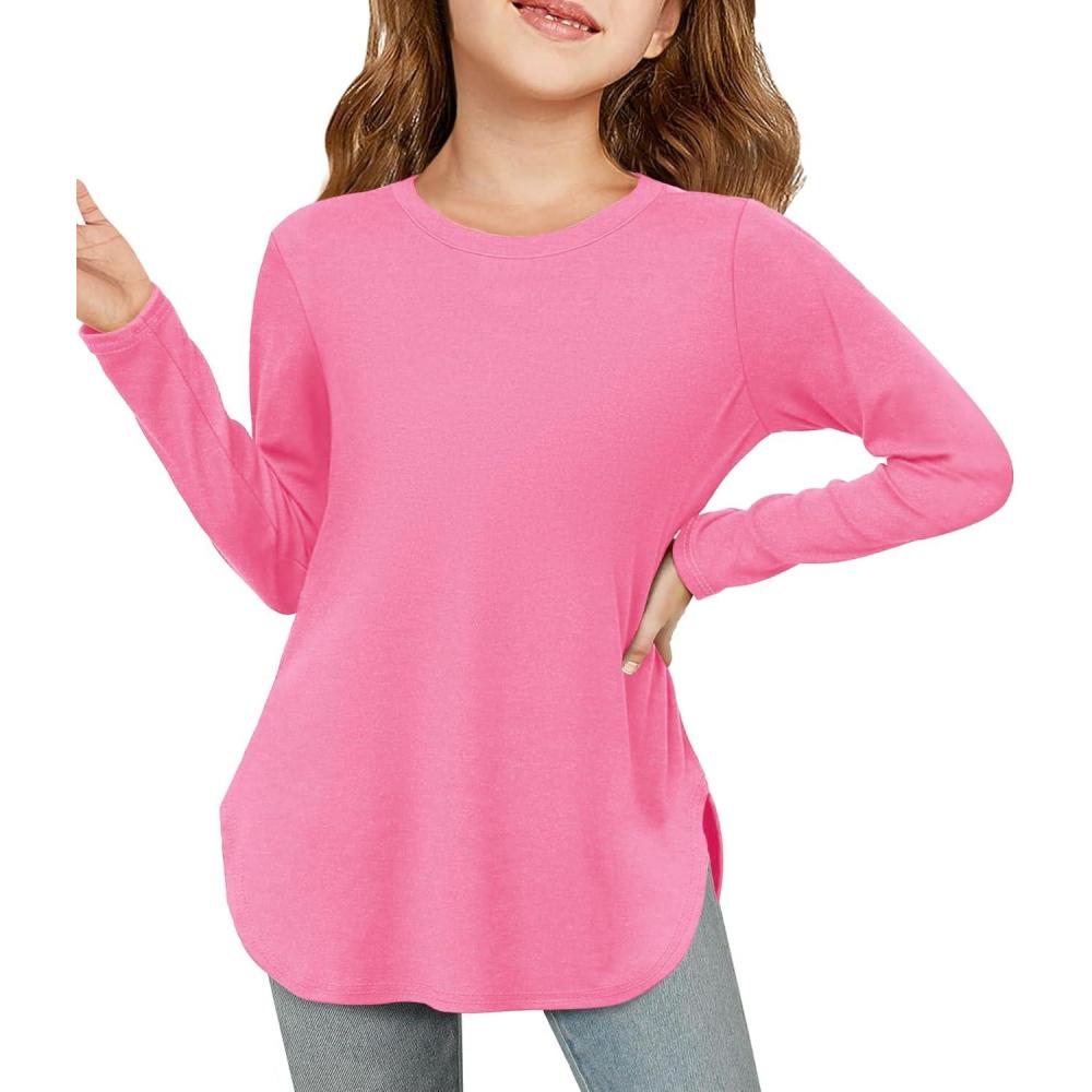 image:imageHaloumoning Girls Long Sleeve Shirts Kids Curve Hem Side Slit Soft Tunic Tops TShirts 514 YearsRich Pink
