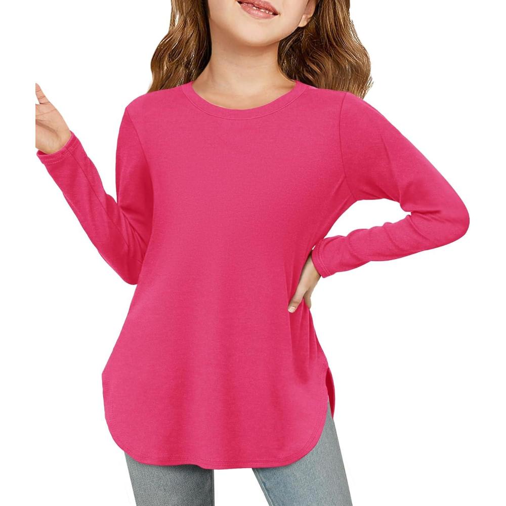 image:imageHaloumoning Girls Long Sleeve Shirts Kids Curve Hem Side Slit Soft Tunic Tops TShirts 514 YearsRose Red