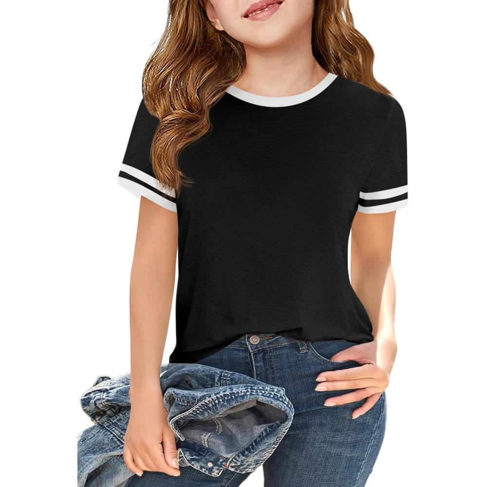 image:imageHaloumoning Girls Short Sleeve T Shirts Kids Summer Crewneck Color Block Tops Fashion Tees 514 YearsBlack