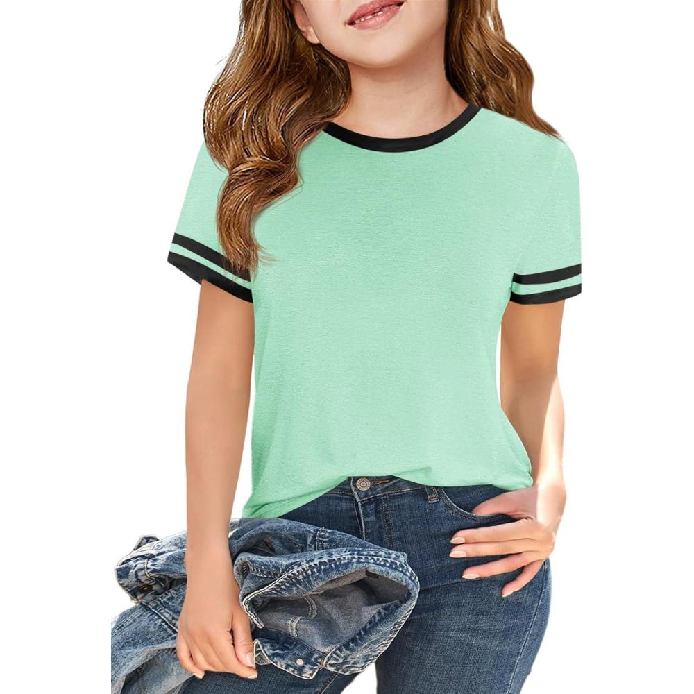 image:imageHaloumoning Girls Short Sleeve T Shirts Kids Summer Crewneck Color Block Tops Fashion Tees 514 YearsGreen