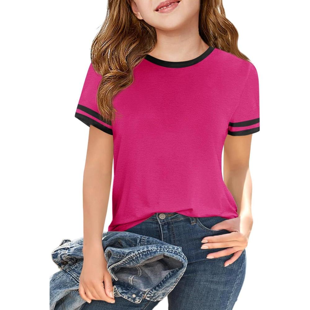 image:imageHaloumoning Girls Short Sleeve T Shirts Kids Summer Crewneck Color Block Tops Fashion Tees 514 YearsHot Pink